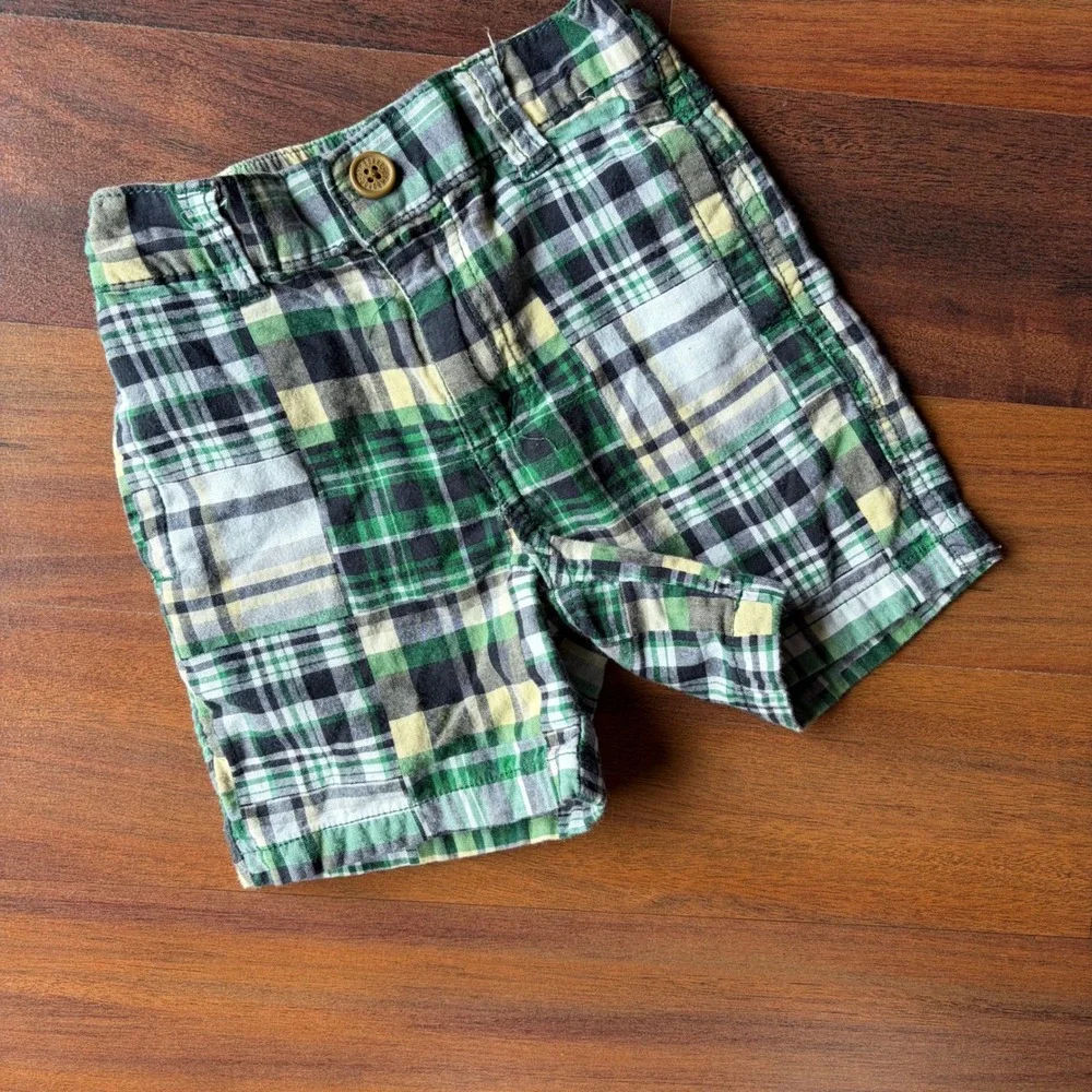 Y2K‎ Golfcore Gymboree Kids Green Plaid Patchwork Cotton Shorts 6-12 Months 2009